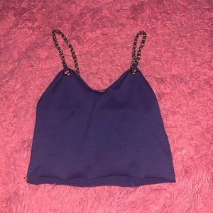 Blue tank crop top w faux gold chain straps
